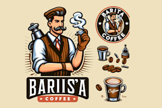 design supe barista coffee mascot logo with express delivery