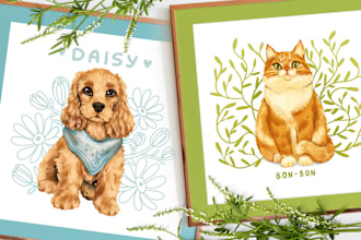 draw a custom cute pet, cat, dog portrait in my style