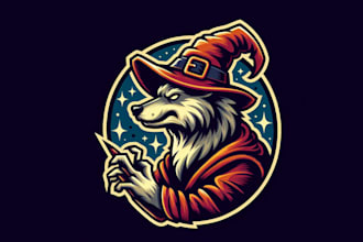 design outstanding wolf wizard mascot logo with express delivery