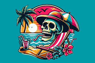 design high quality tropical skull vacation on the beach mascot logo