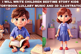 write children bedtime story, kids storybook lullaby music and 3d illustration
