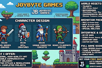 design 2d game art, game UI, pixel art and character animations for mobile game
