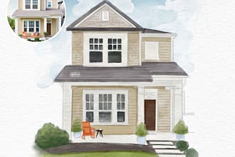draw house or any building into colorfull watercolor