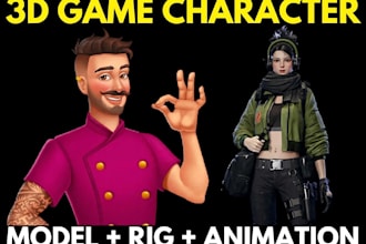 design 3d game character model with rigging, sculpting, animation