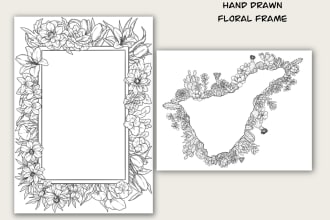 draw a floral, fruit frame in black and white lines