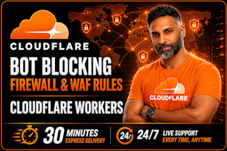 setup cloudflare bot blocking, waf firewall rules and workers