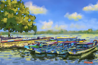 do impressionist landscape, house, building in digital oil painting illustration