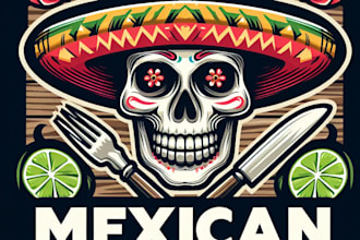 make amazing mexican restaurant skull head mascot logo design