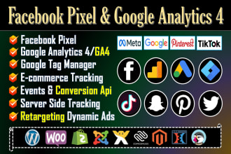 setup facebook pixel conversion API, google analytics 4 tag, tiktok tracking GTM