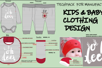draw clothing tech pack for kids baby cad blueprint technical sketch