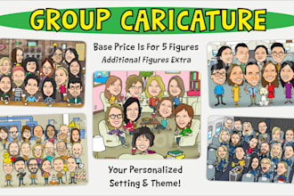 draw a group caricature with custom background