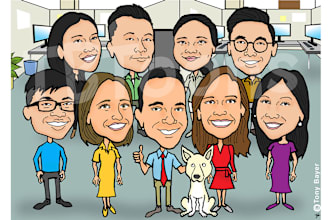draw a group caricature with custom background