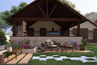 render 3d courtyard, fireplace souna, hot tub, outdoor grill and dining, terrace