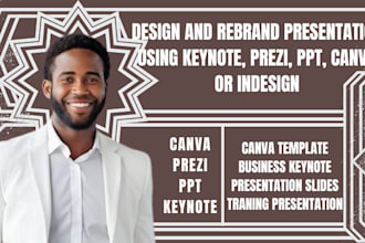 design and rebrand presentation using keynote, prezi, ppt, canva or indesign