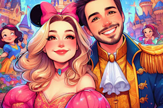 illustrate cartoon disney portrait for couple, family