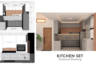 draw kitchen set design 3d and 2d technical drawing