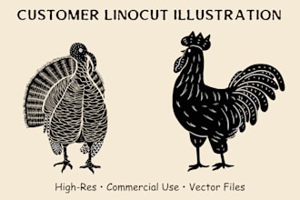 linocut illustration botanical, animal, nature art for your brand identity