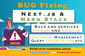 fix any error in react, nextjs, python, node and database