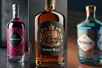 design a wine label, vodka, whisky, beer, gin bottle label