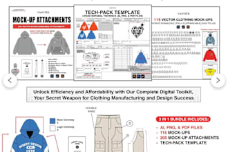 provide you 180 clothing mockup with tech packs