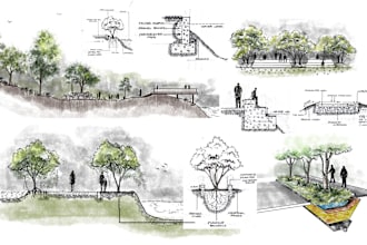draw landscape design sections, elevation, detailed drawings
