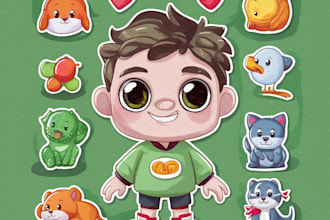 draw cute 2d cartoon character, animal, objects, stickers