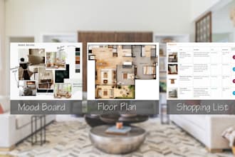 do interior moodboard and decor guide and shopping list and floor plans