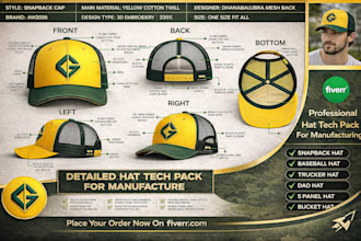 design hat and cap tech pack ready for manufacturer, beanie, trucker, mockup