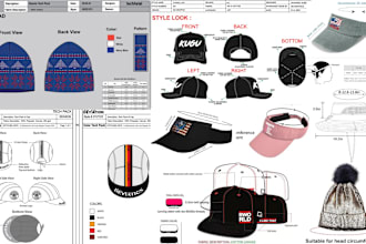 do hat and cap tech pack design, beanie, flat sketch with a mockup design