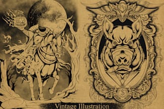 draw vintage ornamental illustration with engraving style
