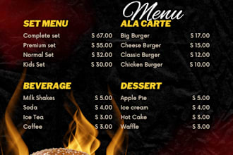 design eye catching food menu, banners, brochures, posters and bar menu