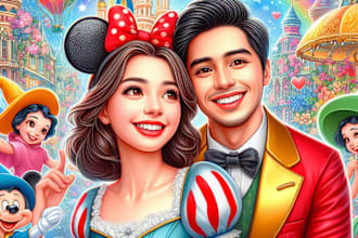 illustrate realistic disney cartoon couple portrait