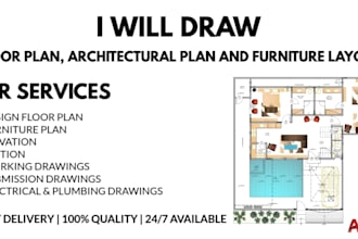 draw 2d floor plan, furniture layout, section, and elevation