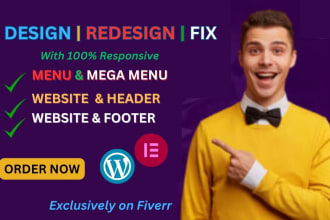 redesign and fix wordpress header, footer, mega menu for wordpress website