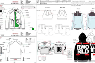 do new garments tech pack design, sportswear, outfit, fitness and sketch design