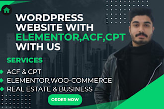 create a website using elementor, woo commerce acf and custom post type