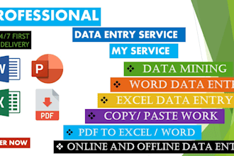 typing work, data entry, copy paste, scraping, excel data cleaning, analyst, pdf