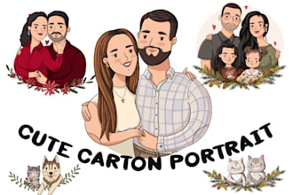 draw a cute family portrait in vector, doodle, flat