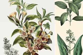 do botanical illustrations of flowers, plants, line art