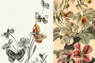draw botanical illustration of flowers, plants, and fruits