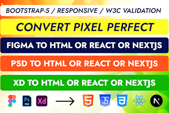convert figma, PSD, xd to HTML, or react responsive website