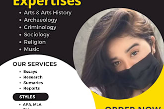 write essays on religion,archaeology art,history,criminology,sociology and music