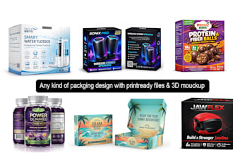 design product packaging, box, pouch, logo with 3d mockups