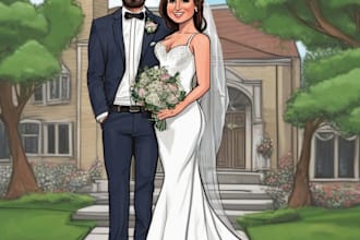 cartoon couple, wedding, superhero portrait