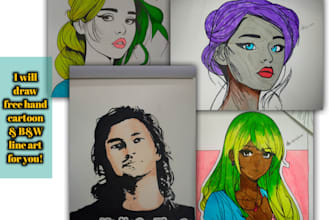 draw free hand cartoon portrait and black white outline and threshold art also