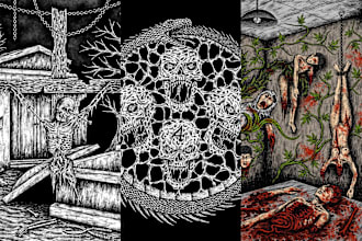 draw dark metal horror line art illustration for tshirt album cover