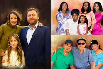 draw wedding, family portrait in digital oil painting style