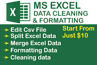 do ms excel data cleaning, formatting, sort merge split and edit CSV file