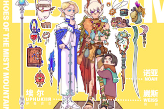 create dnd or fantasy characters design with prop design