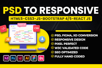 convert psd to html, figma to html, xd to html responsive bootstrap 5